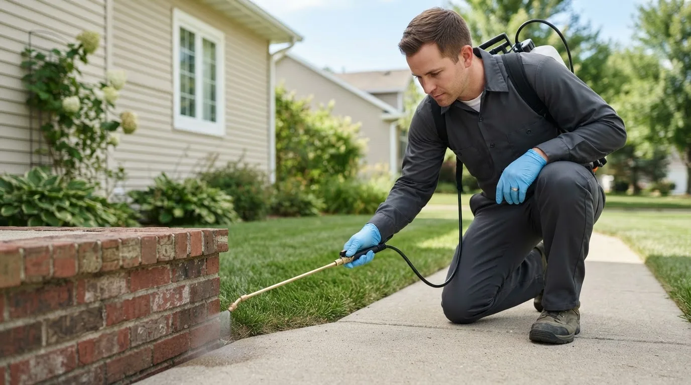 Pest control technician treating a home near Langford, SD